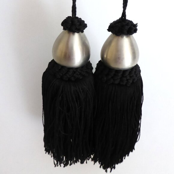 13” DECORATIVE ACCENT BLACK TASSEL STAINLESS SILVER METAL TOPPED CORD TASSEL SET - Picture 9 of 9